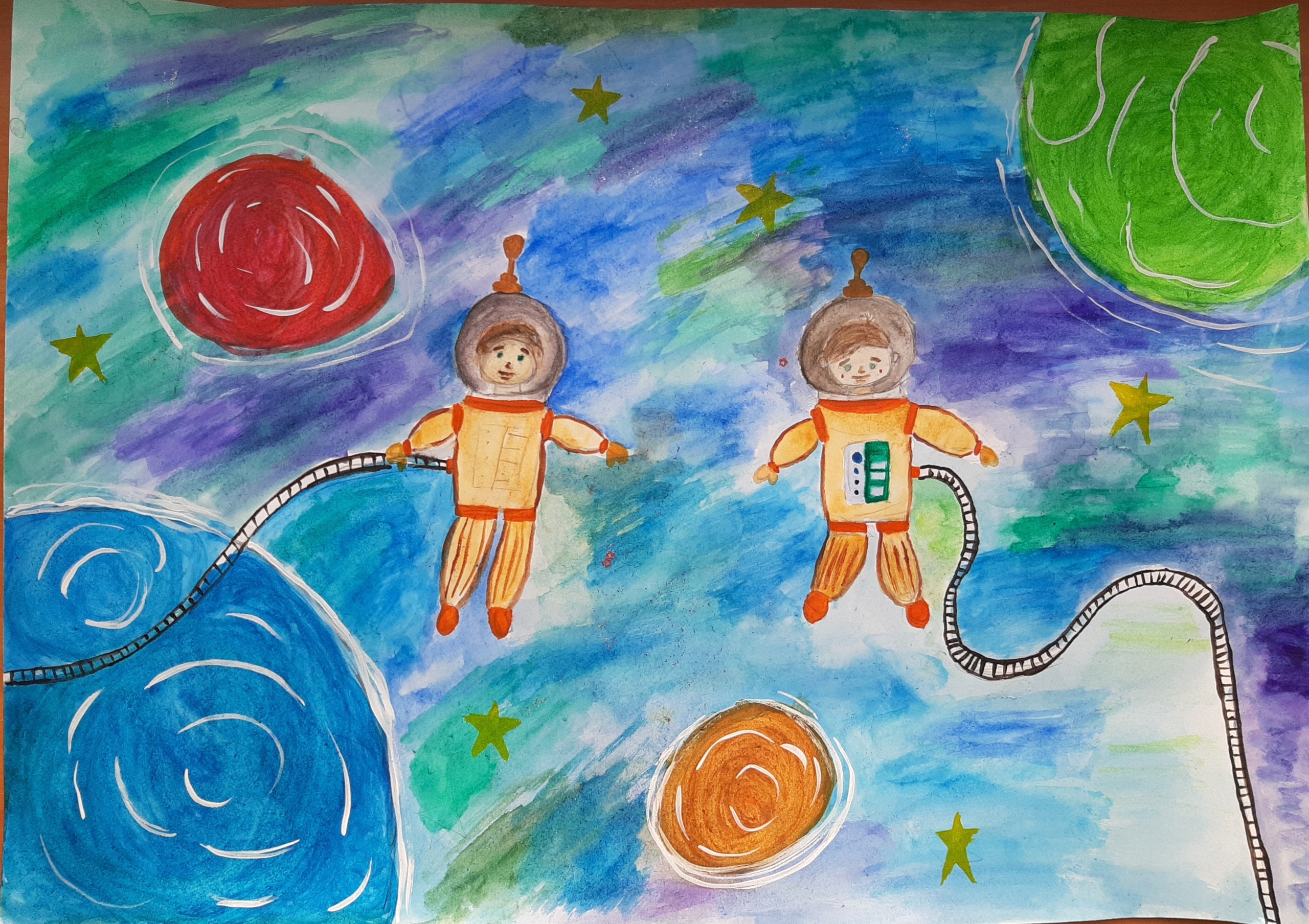 Детский рисунок космонавты в открытом космосе