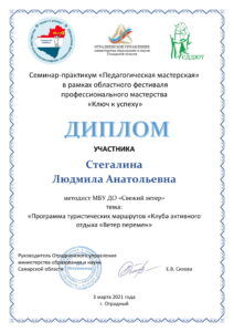 Диплом Фестиваля профессионального мастерства «Ключ к успеху» Стегалиной Л.А